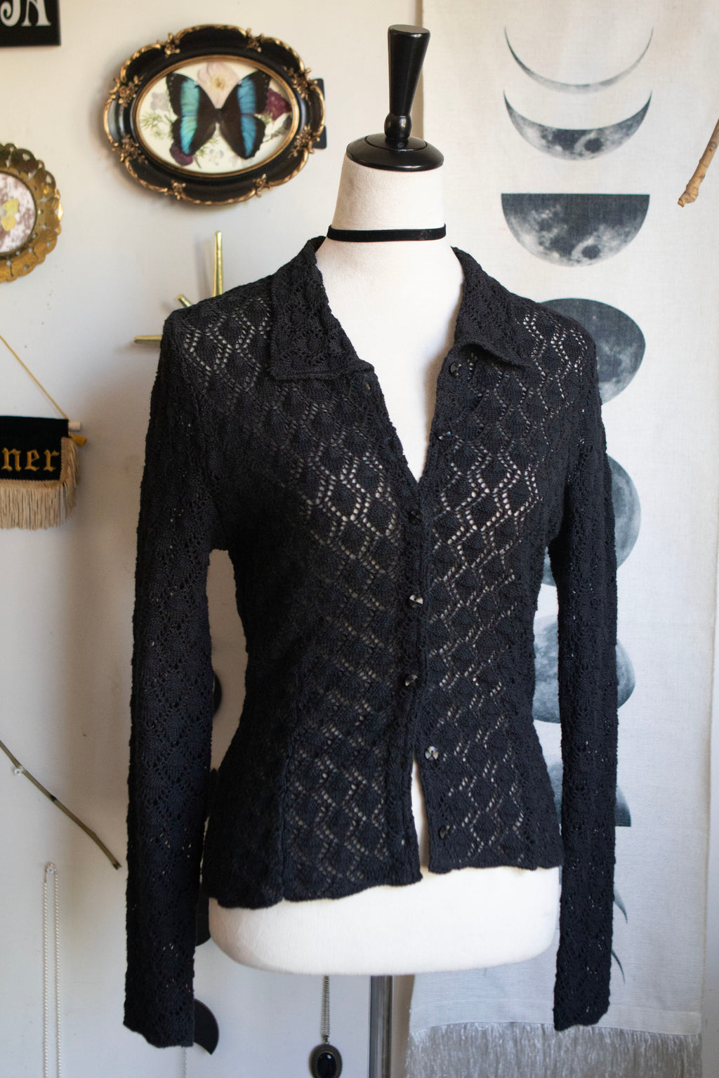 Y2K Crochet Black Button Long Sleeve Blouse