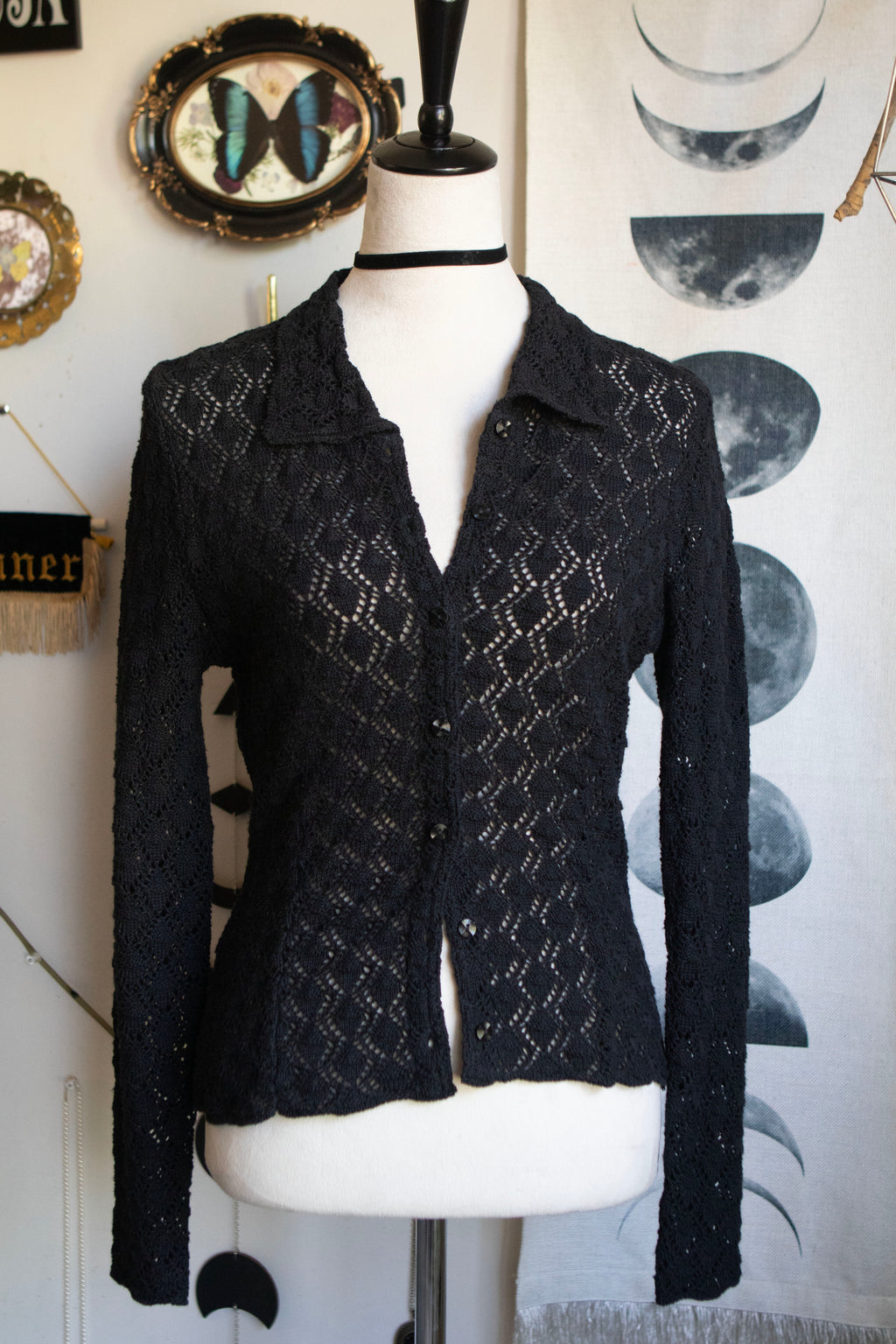 Y2K Crochet Black Button Long Sleeve Blouse