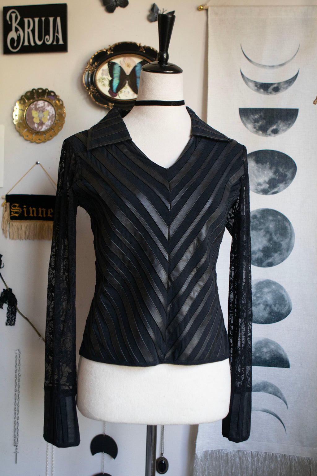 Vintage Romantic Faux Leather & Striped Mesh Long Sleeve Blouse