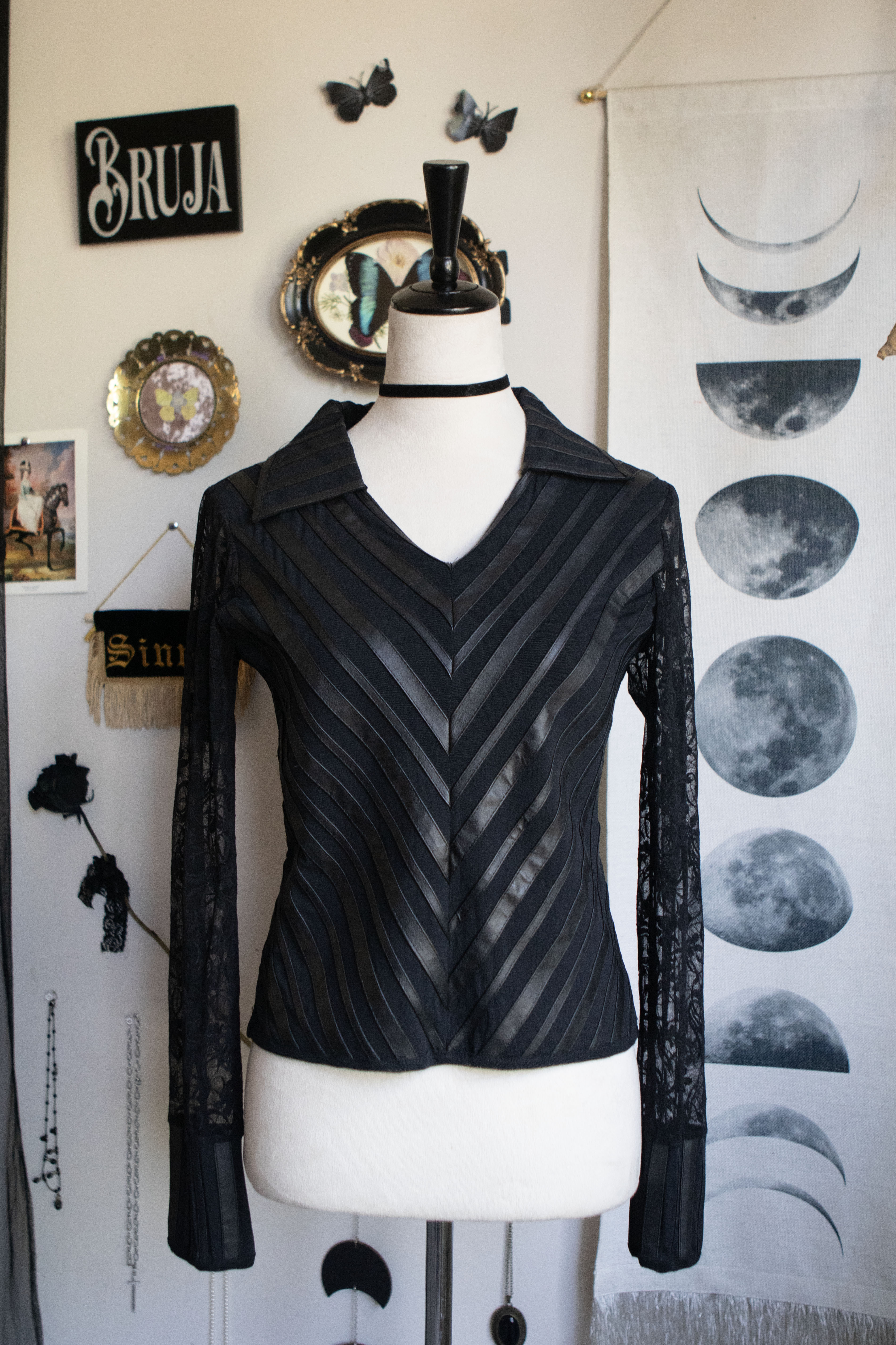 Vintage Romantic Faux Leather & Striped Mesh Long Sleeve Blouse