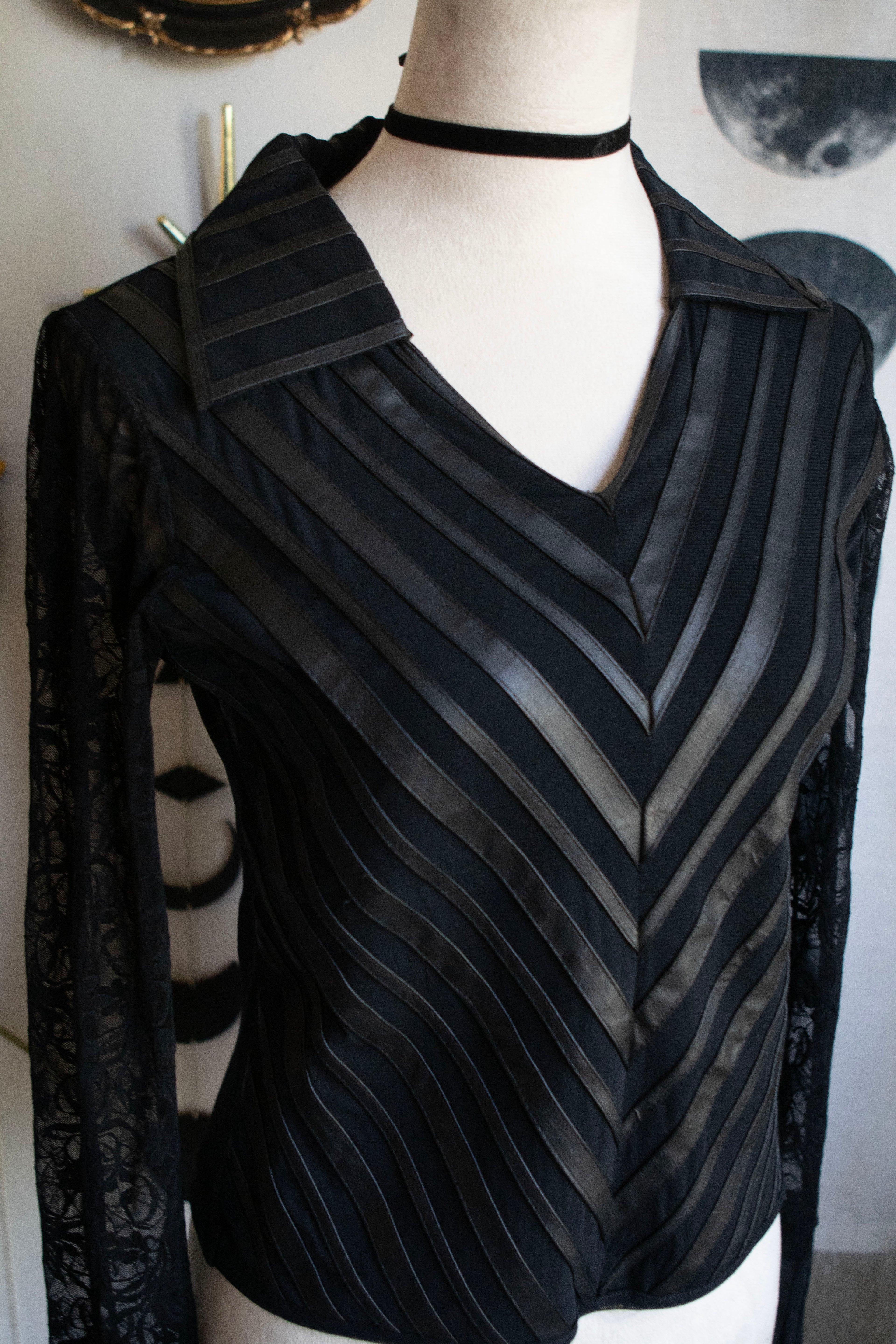 Vintage Romantic Faux Leather & Striped Mesh Long Sleeve Blouse