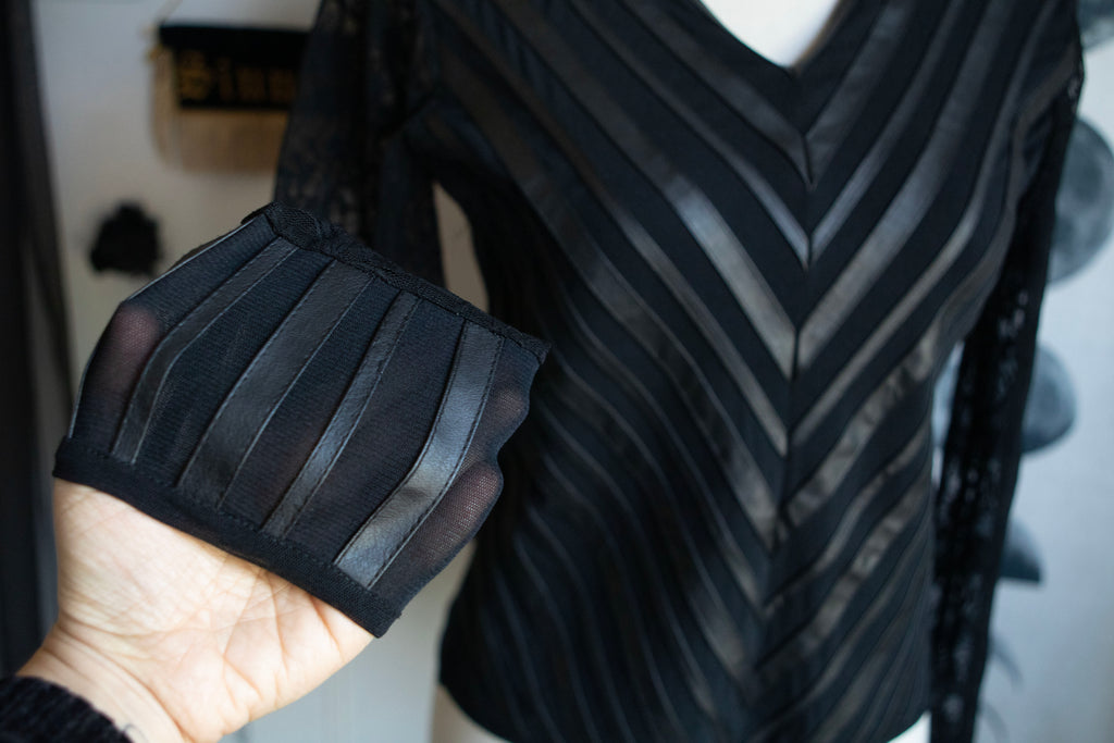 Vintage Romantic Faux Leather & Striped Mesh Long Sleeve Blouse