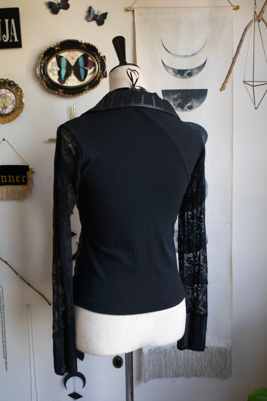 Vintage Romantic Faux Leather & Striped Mesh Long Sleeve Blouse
