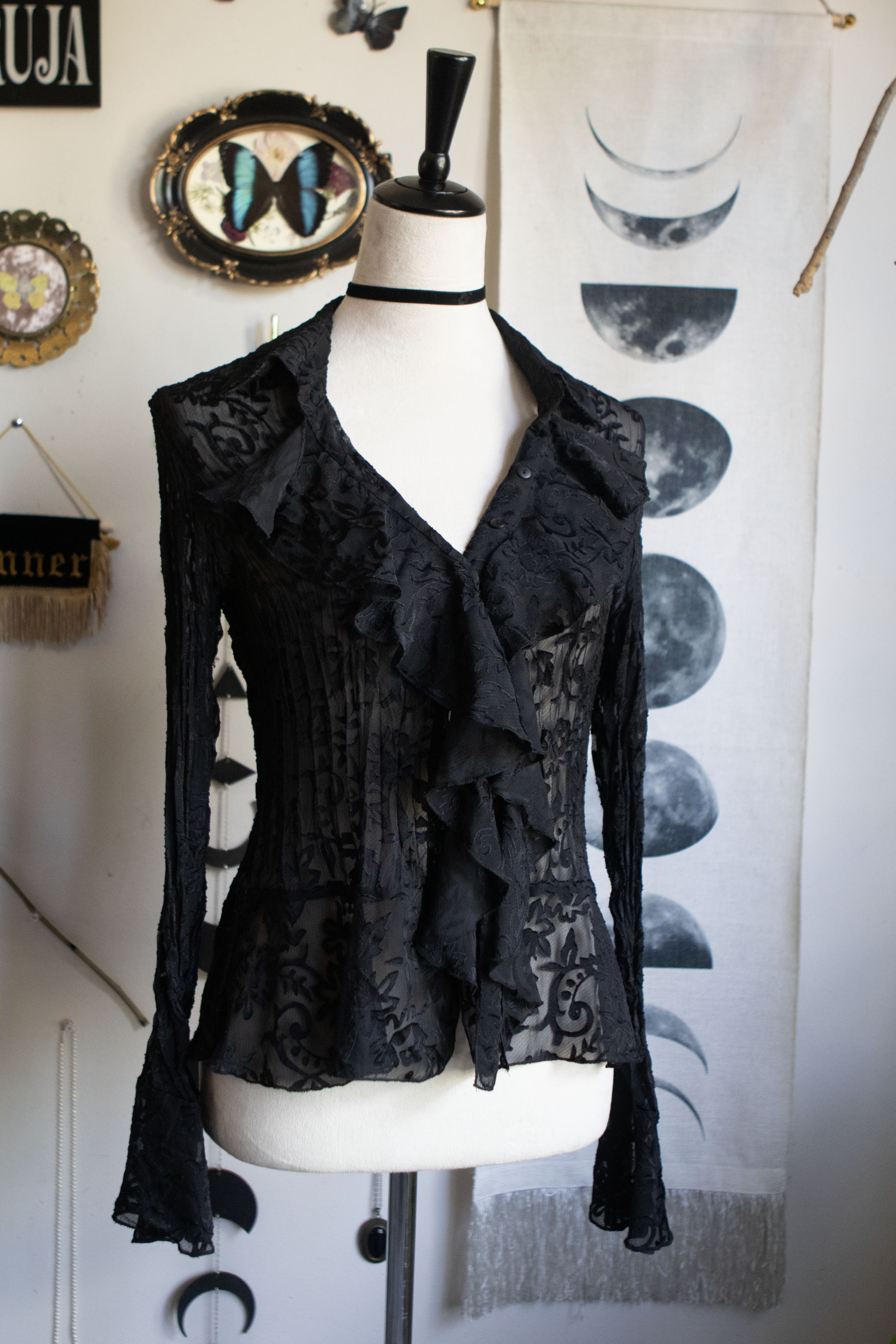 Romantic Flare Ruffled Black Button Blouse