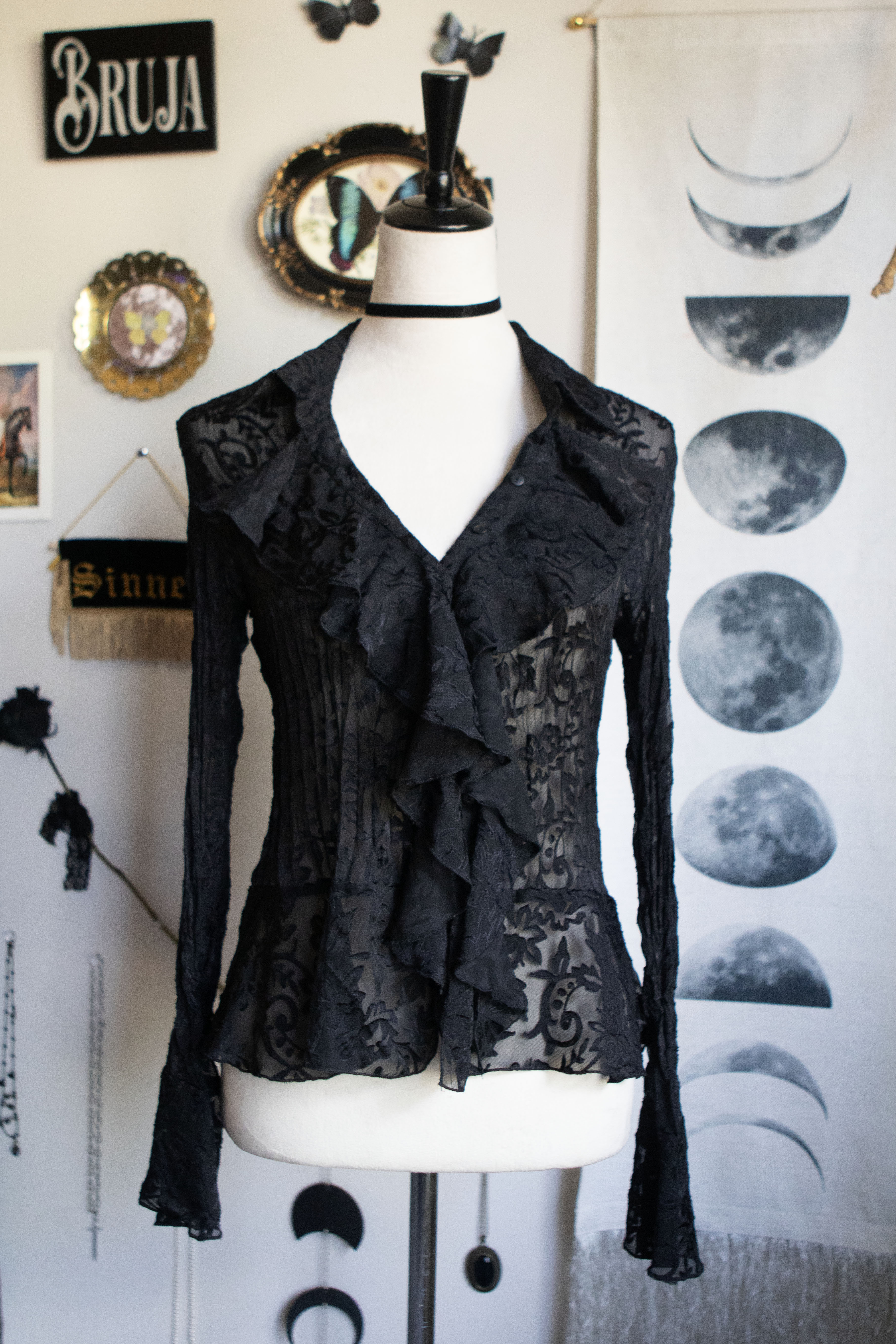 Romantic Flare Ruffled Black Button Blouse