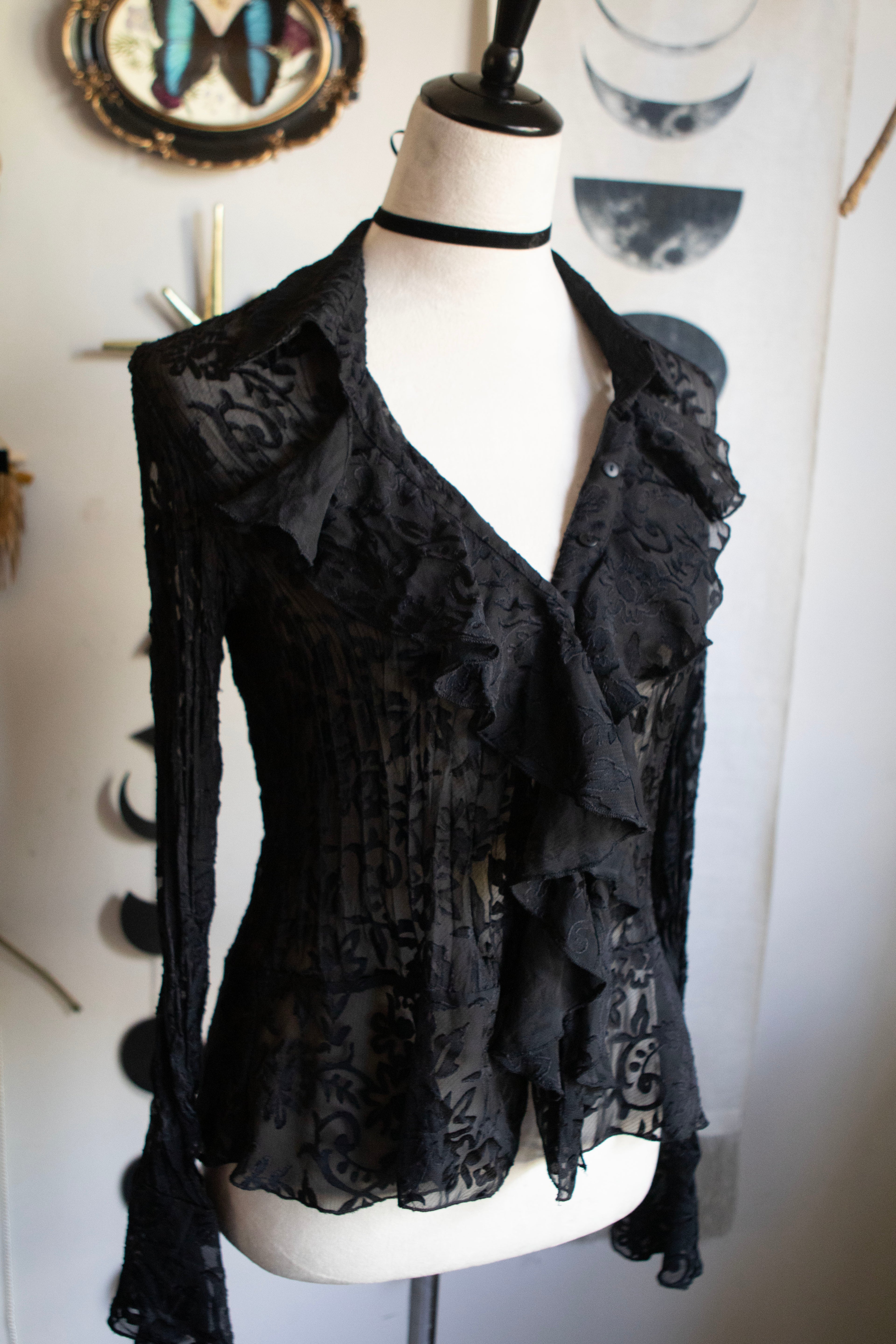 Romantic Flare Ruffled Black Button Blouse