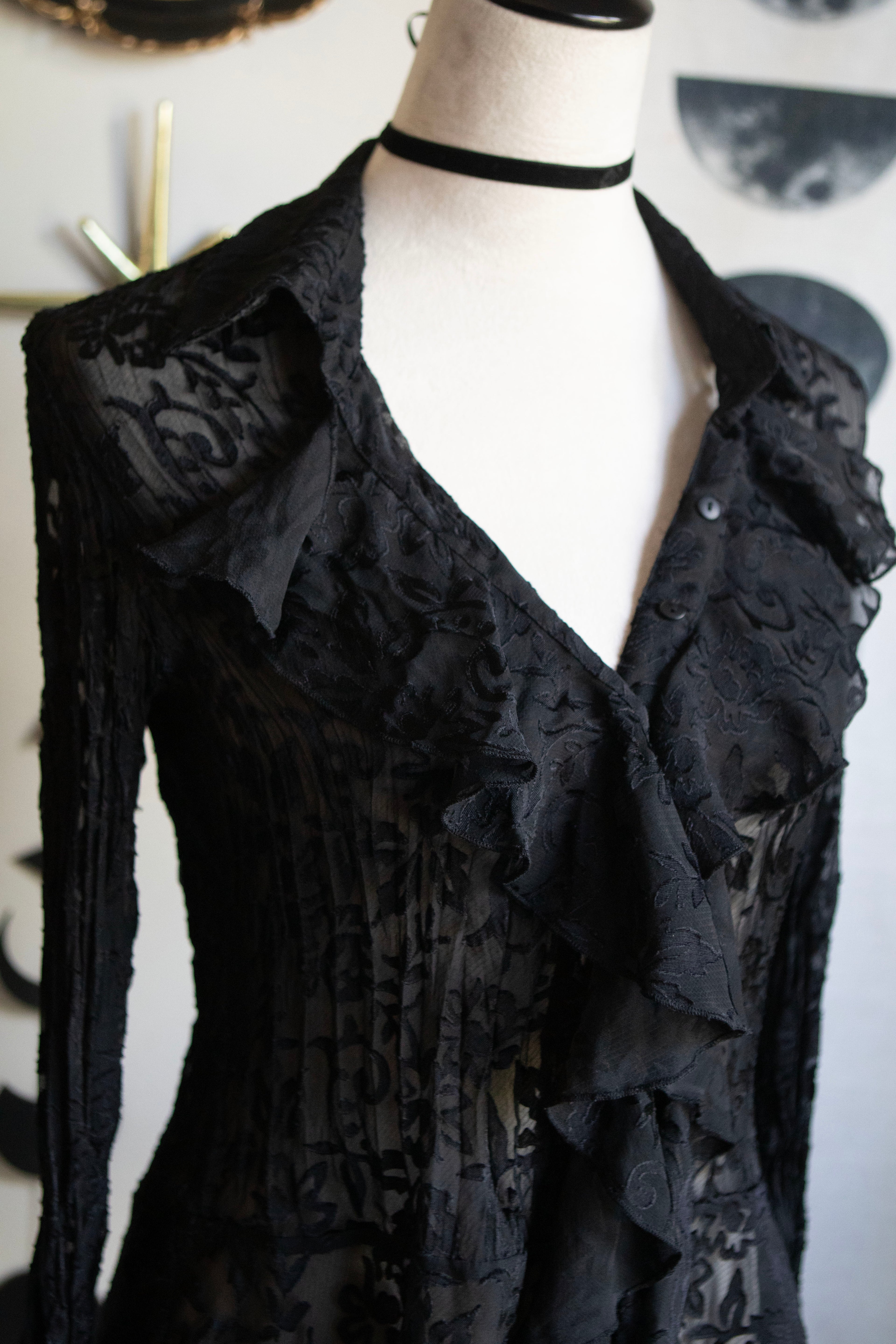 Romantic Flare Ruffled Black Button Blouse