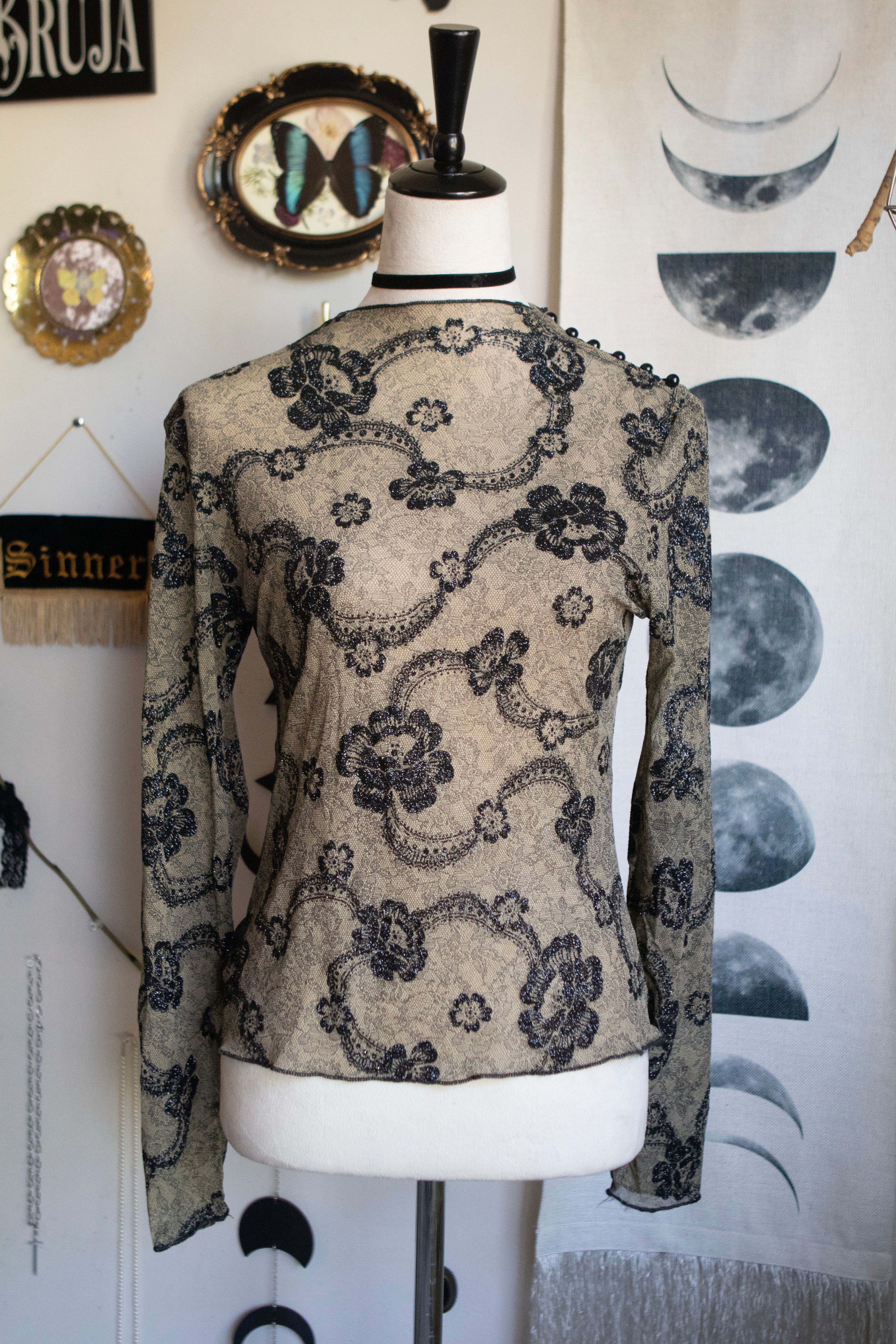 Y2K Sparkly Floral Mesh Long Sleeve Top