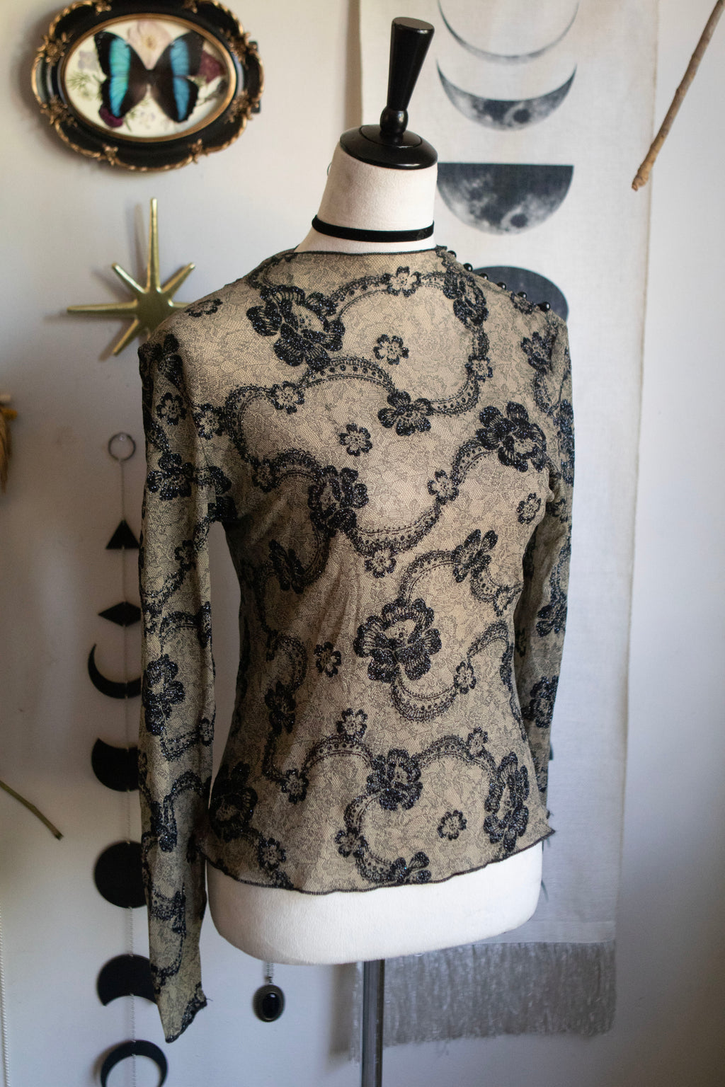 Y2K Sparkly Floral Mesh Long Sleeve Top