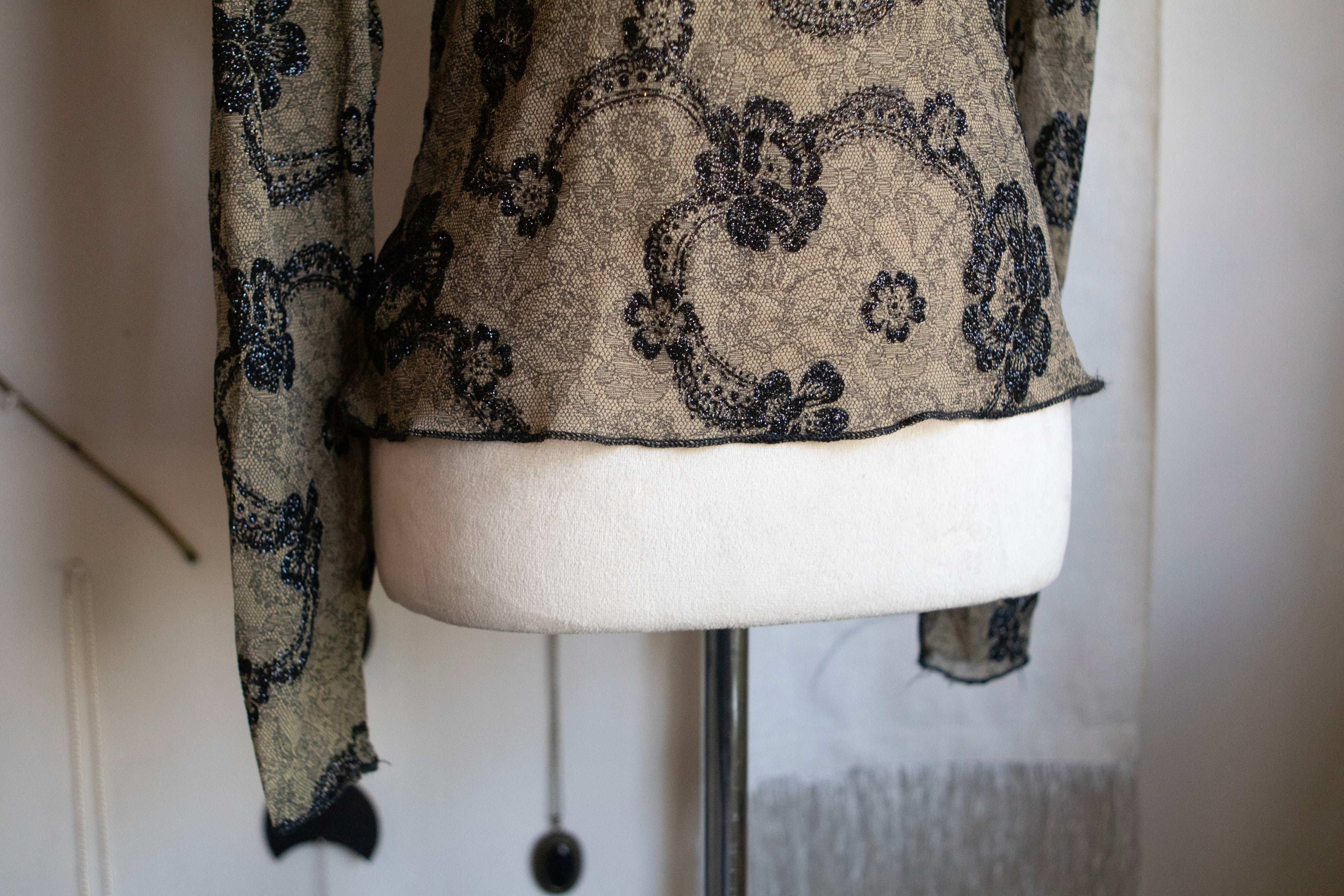 Y2K Sparkly Floral Mesh Long Sleeve Top