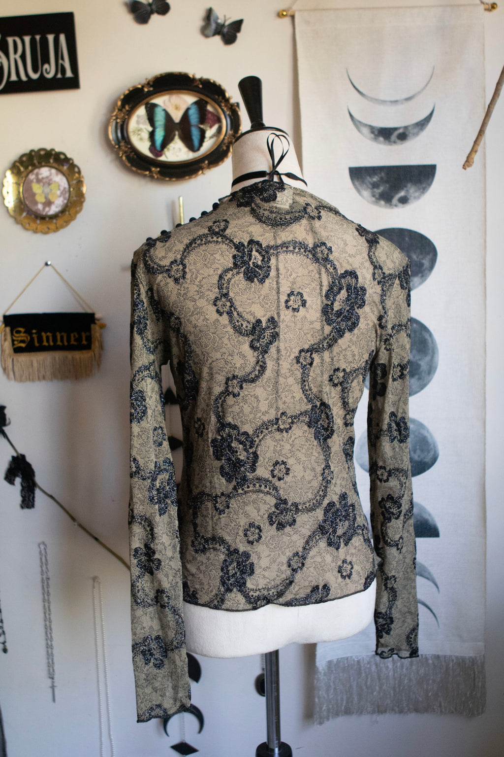 Y2K Sparkly Floral Mesh Long Sleeve Top