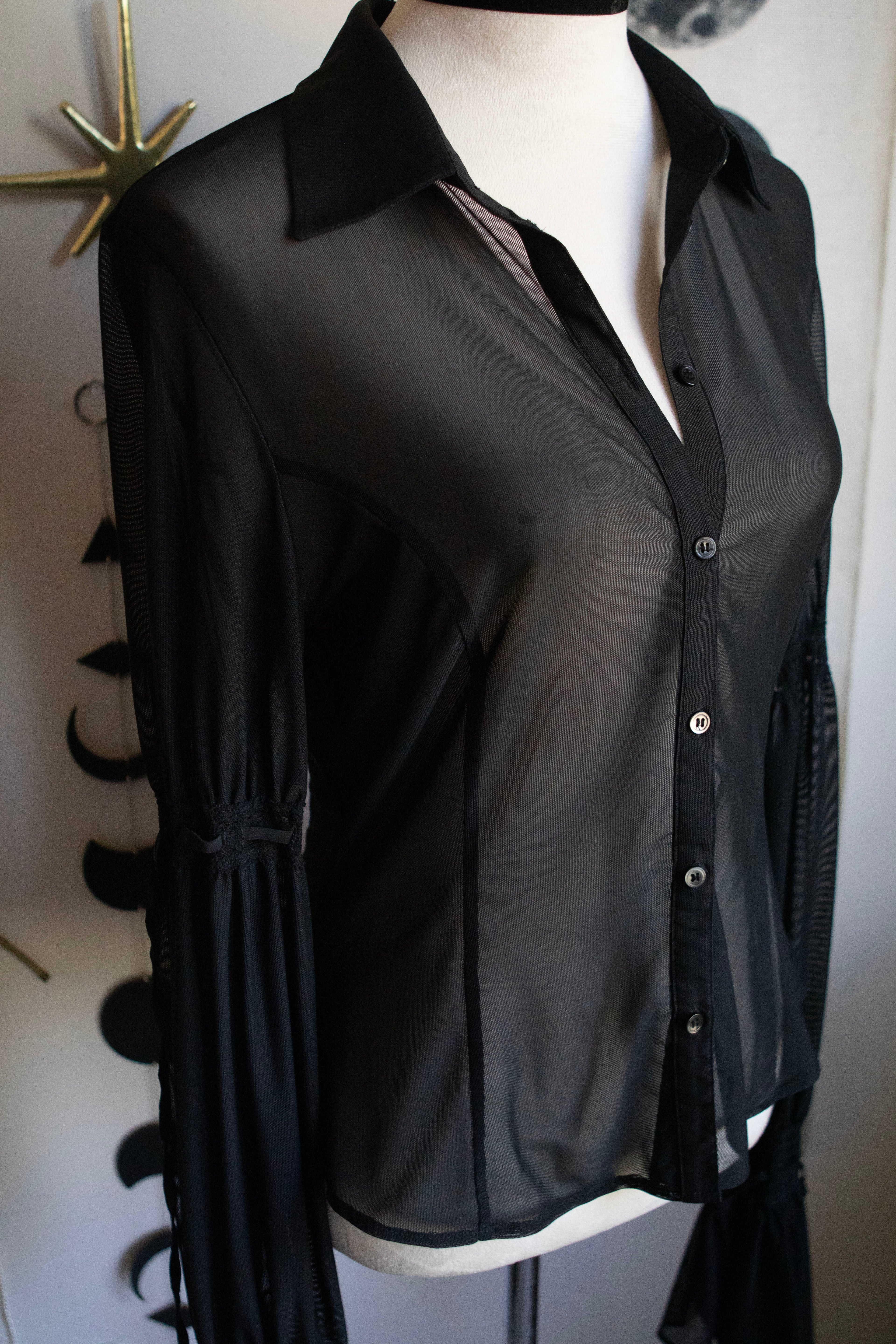 Vintage 90's-00's Romantic Mesh Super Long Flare Sleeve Button Blouse