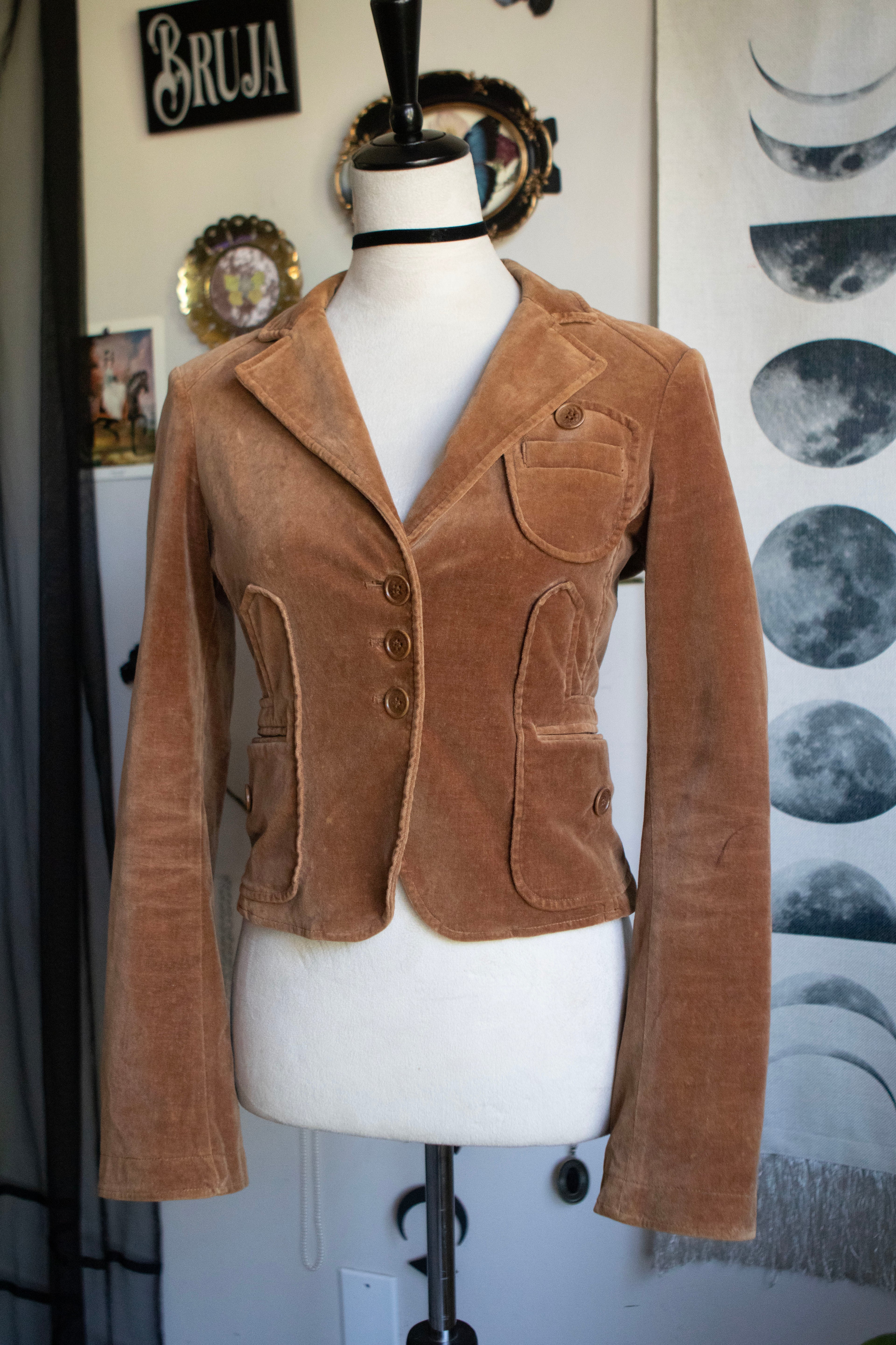 Y2K Tan Fitted Blazer-Style Jacket W/ Flare Sleeves