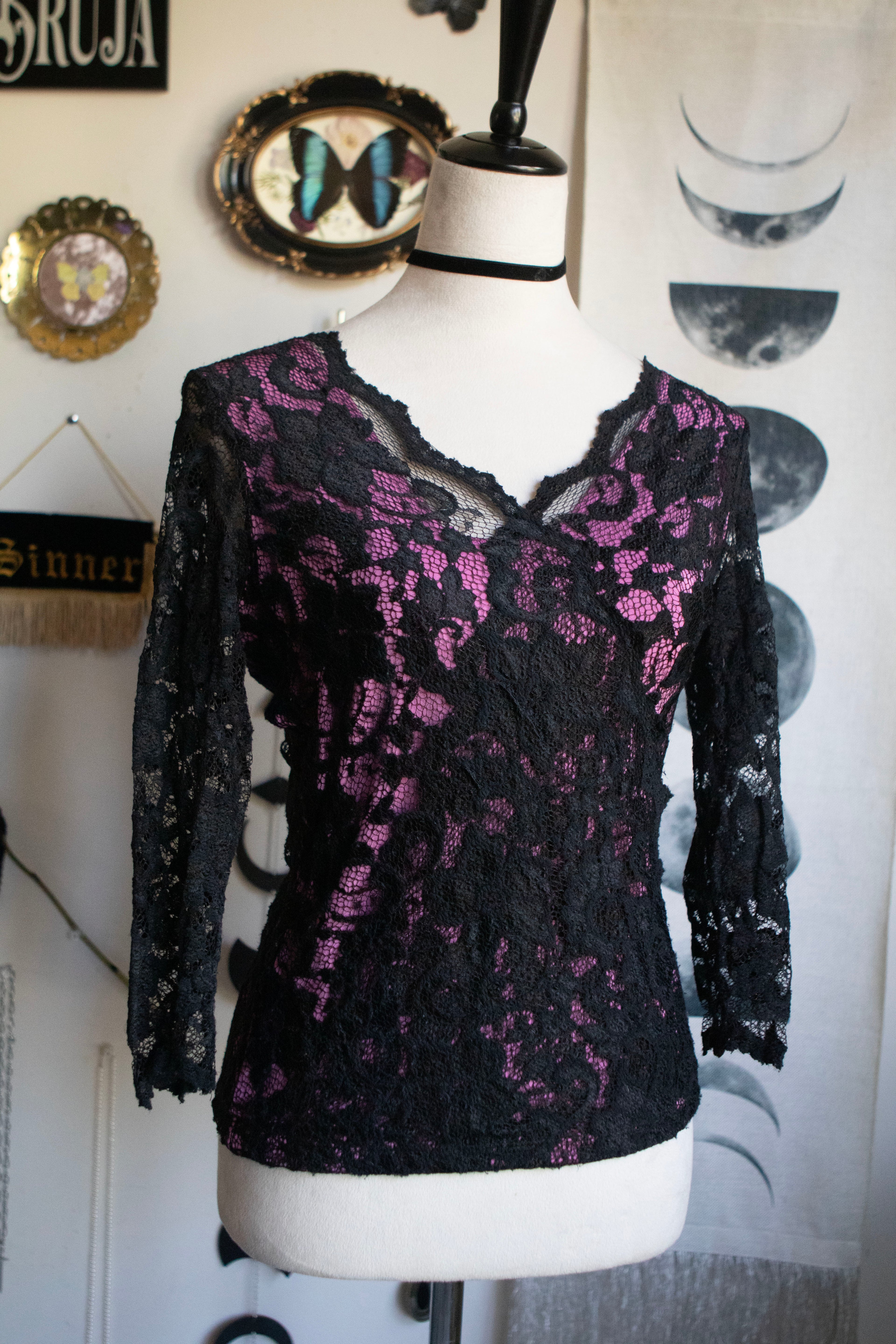 Vintage Late 90's Lace Floral Print Top 3/4 Sleeves