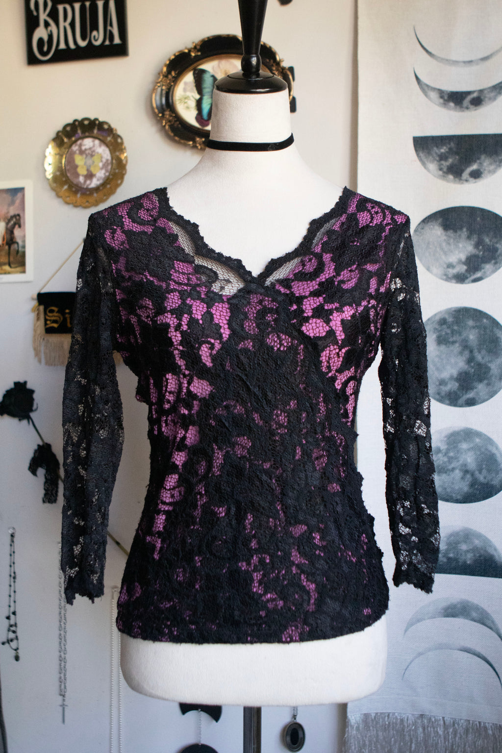 Vintage Late 90's Lace Floral Print Top 3/4 Sleeves