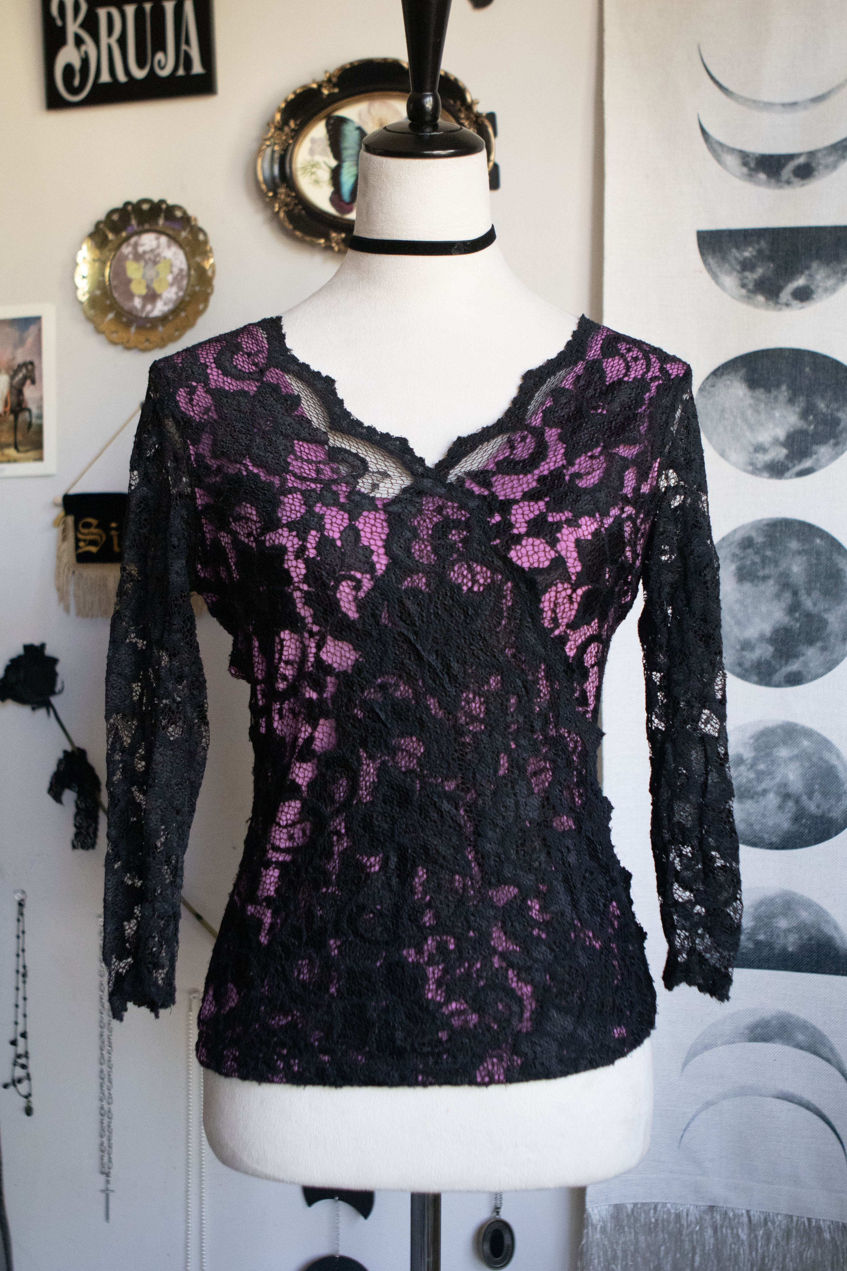 Vintage Late 90's Lace Floral Print Top 3/4 Sleeves