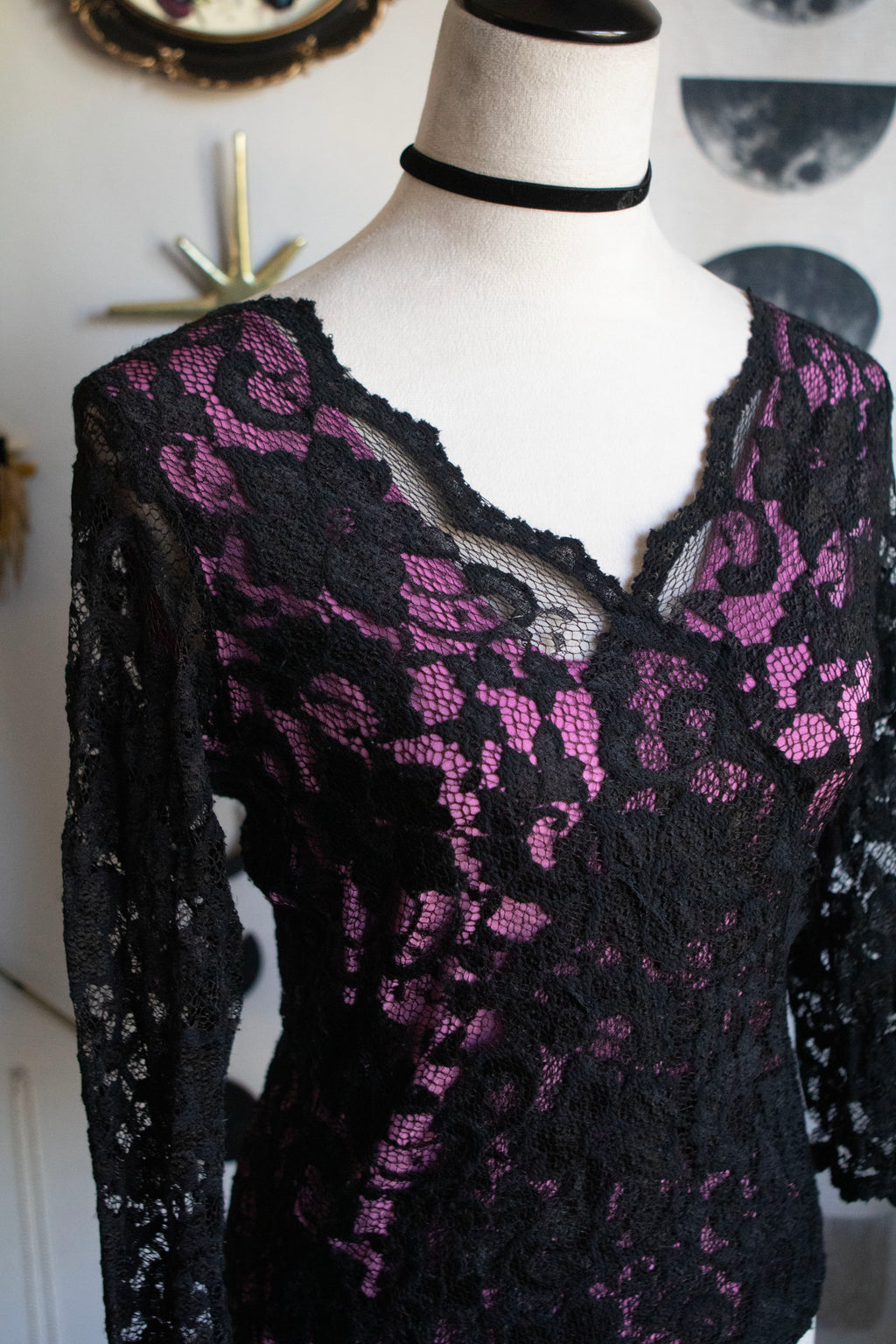 Vintage Late 90's Lace Floral Print Top 3/4 Sleeves