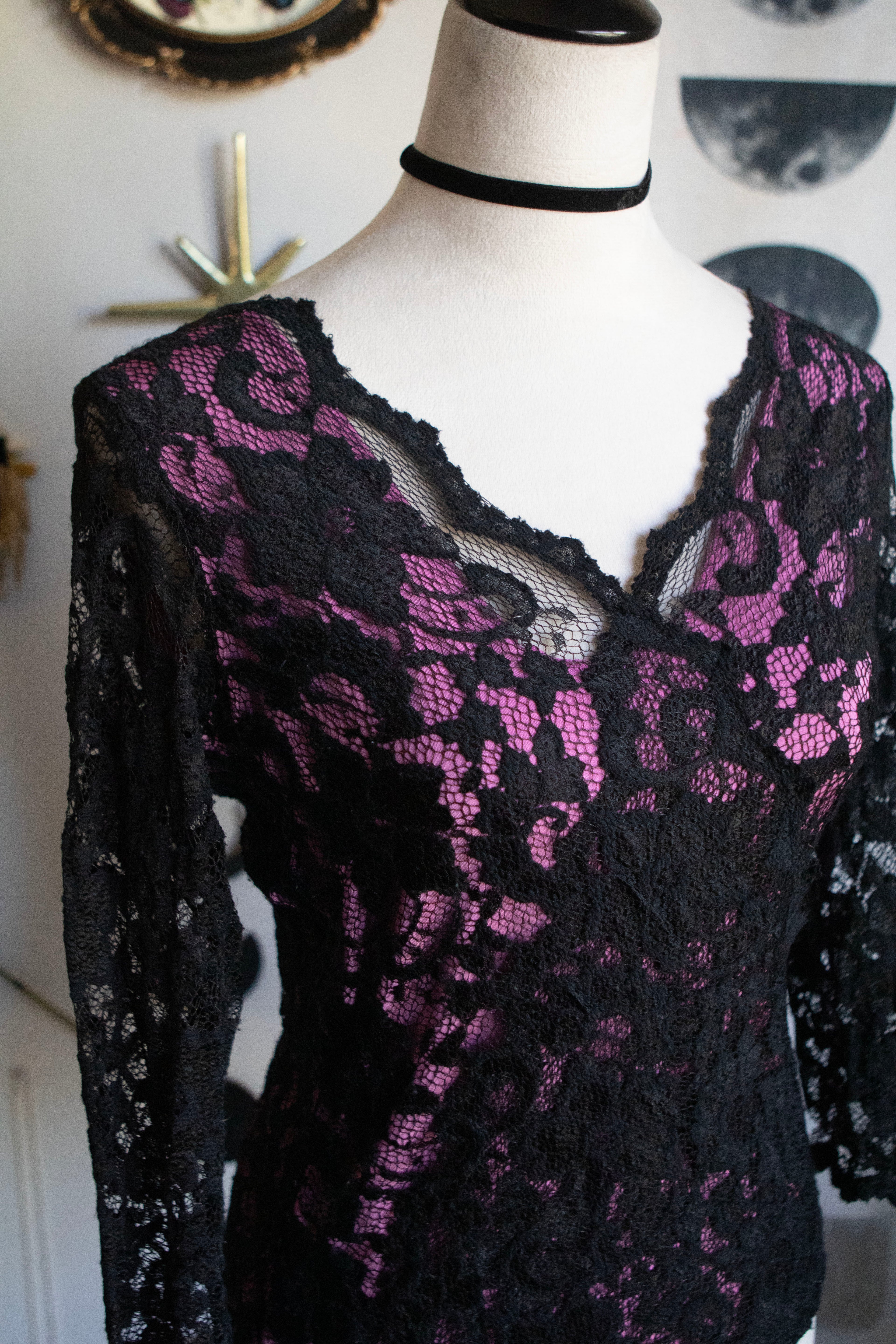 Vintage Late 90's Lace Floral Print Top 3/4 Sleeves