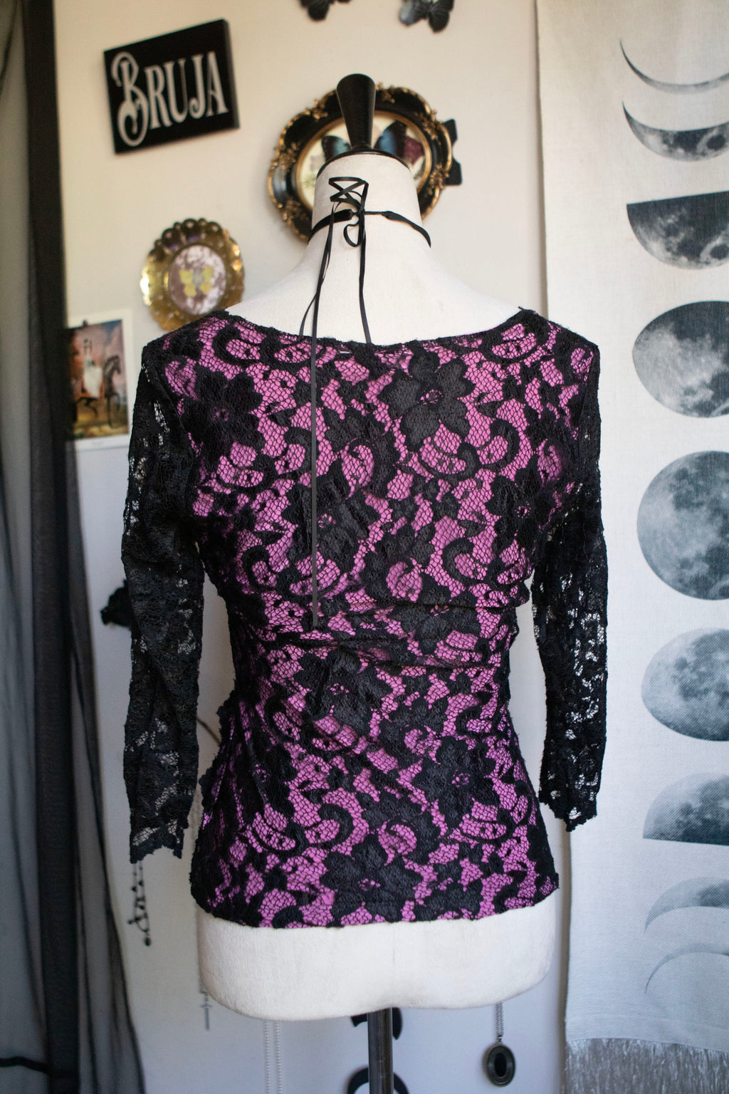 Vintage Late 90's Lace Floral Print Top 3/4 Sleeves